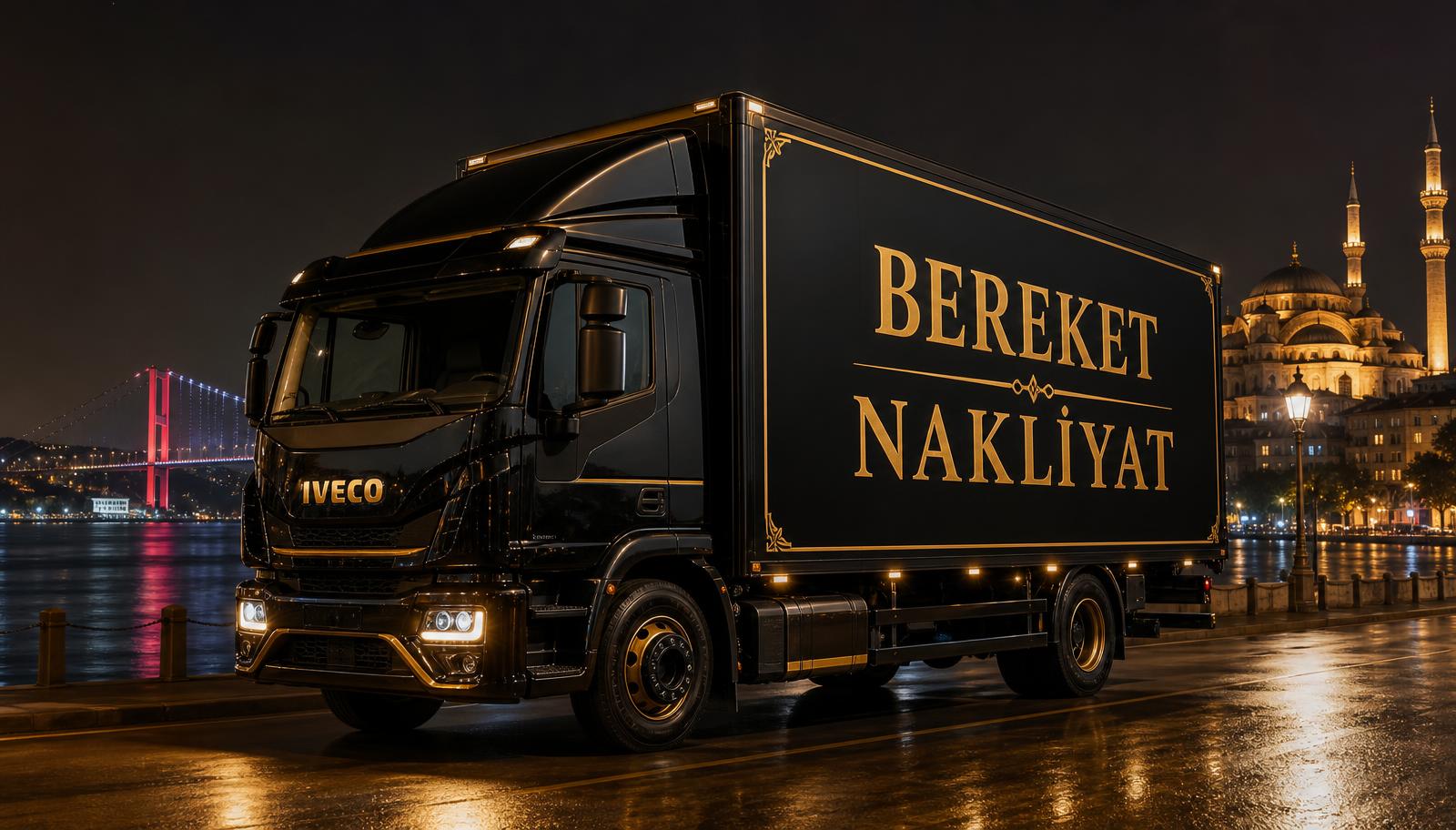 Bereket Nakliyat kamyonu İstanbul Boğazı manzarasında önden görünüm