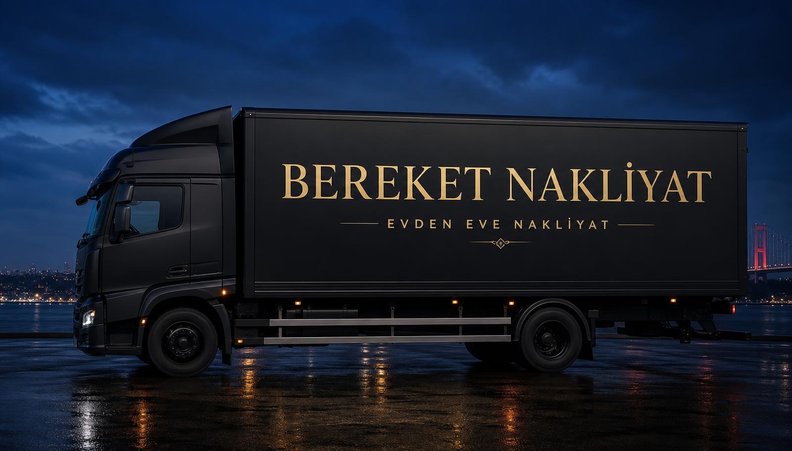 Bereket Nakliyat yazılı siyah kapalı kasa nakliye kamyonu yandan görünüm
